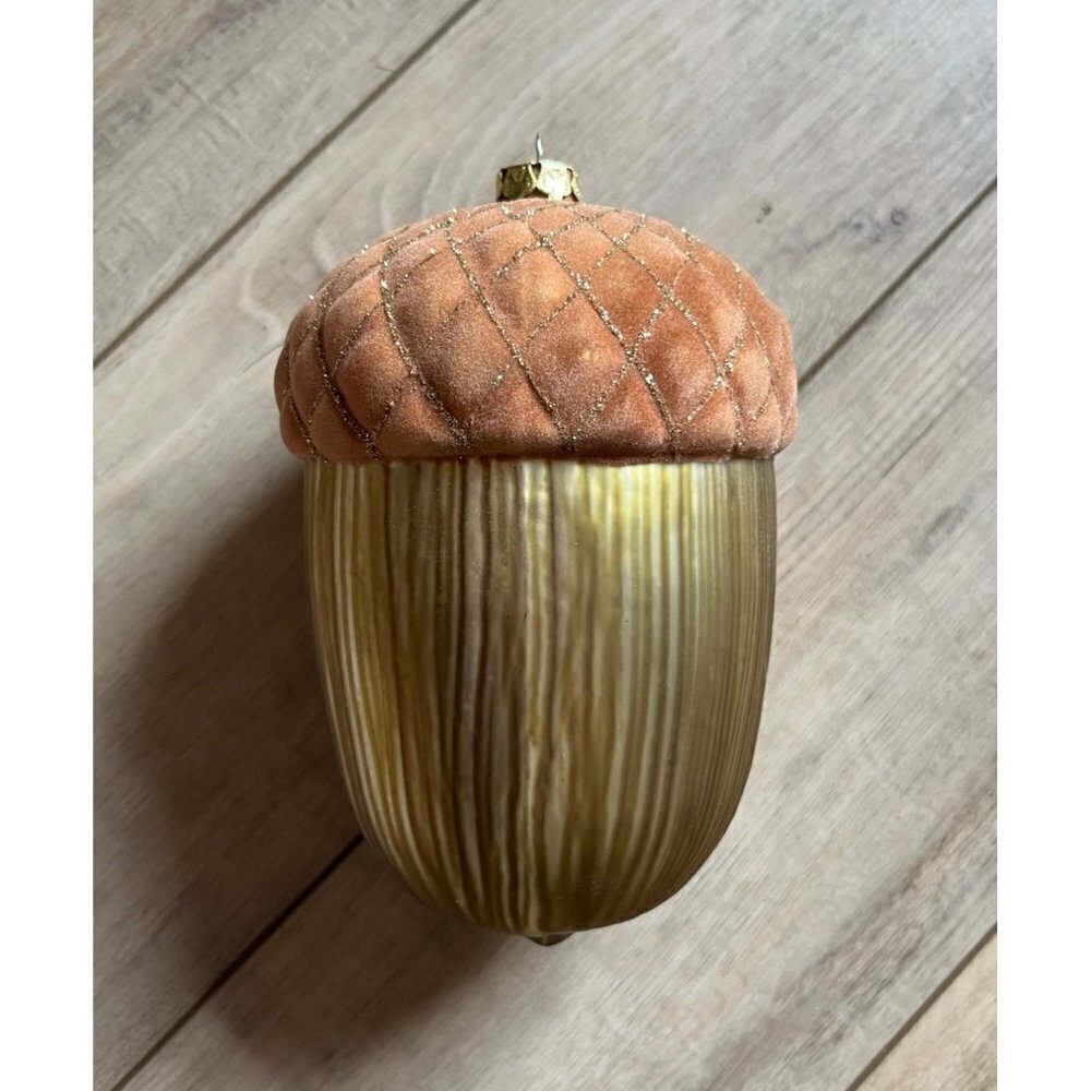 Large Glass Acorn Christmas Tree Ornament Decor Gold Tan/Brown Glitter 6" x 4"